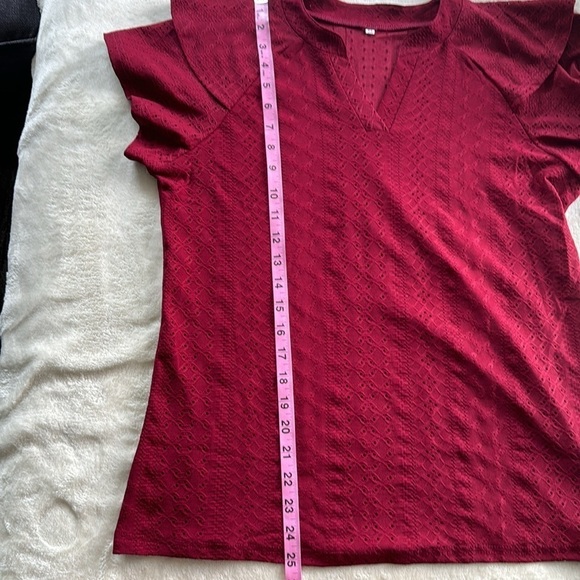 NWOT Eyelet notched flutter sleeve tshirt - Vneck-wine color-very soft. - Picture 4 of 8